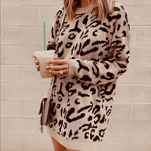 Sweaters - Leopard print Oversized Sweater | Sweater Dress
